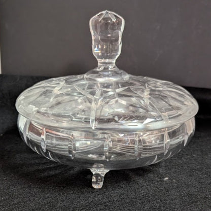 Vintage clear crystal lidded footed vanity powder bon bon candy dish cut pattern