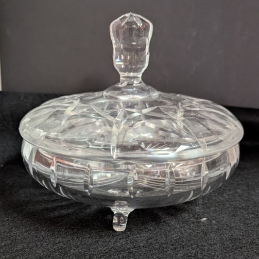Vintage clear crystal lidded footed vanity powder bon bon candy dish cut pattern