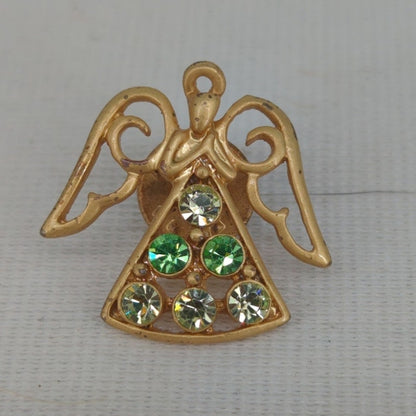 Vintage Gold Tone Angel Lapel Pin Green Rhinestones Brooch Christmas Holiday