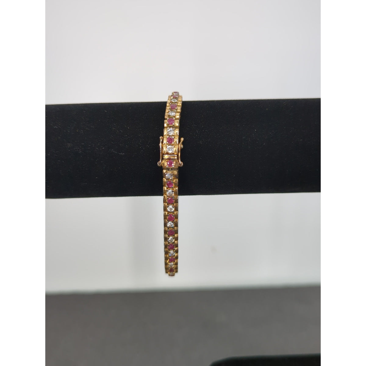 Vintage BRACELET Ruby Diamond 925 Tennis 8" Sterling Silver Red
