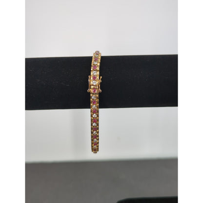 Vintage BRACELET Ruby Diamond 925 Tennis 8" Sterling Silver Red