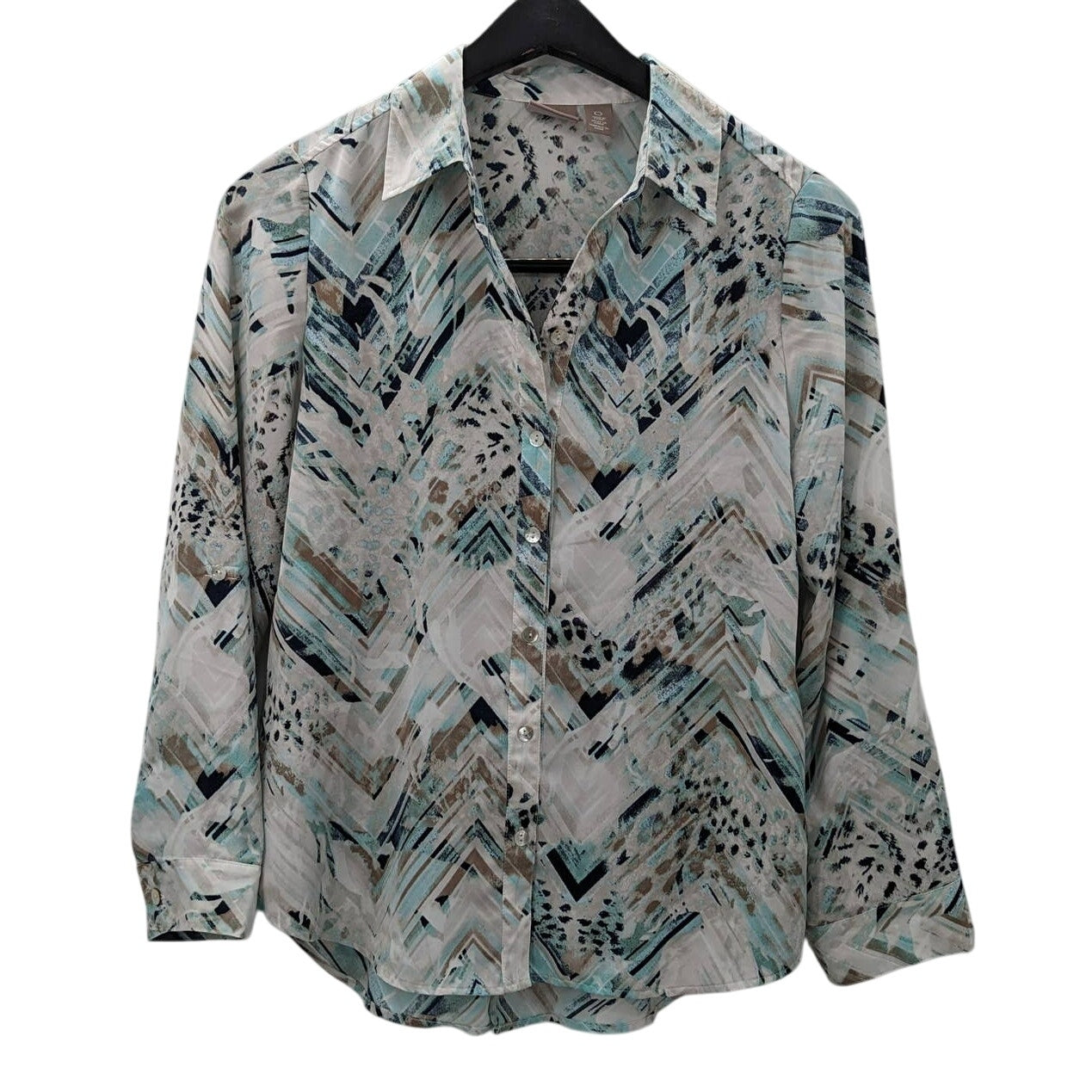Chico's Lightweight Button Up Shirt Size 0 White Blue Tab Roll Long sleeve