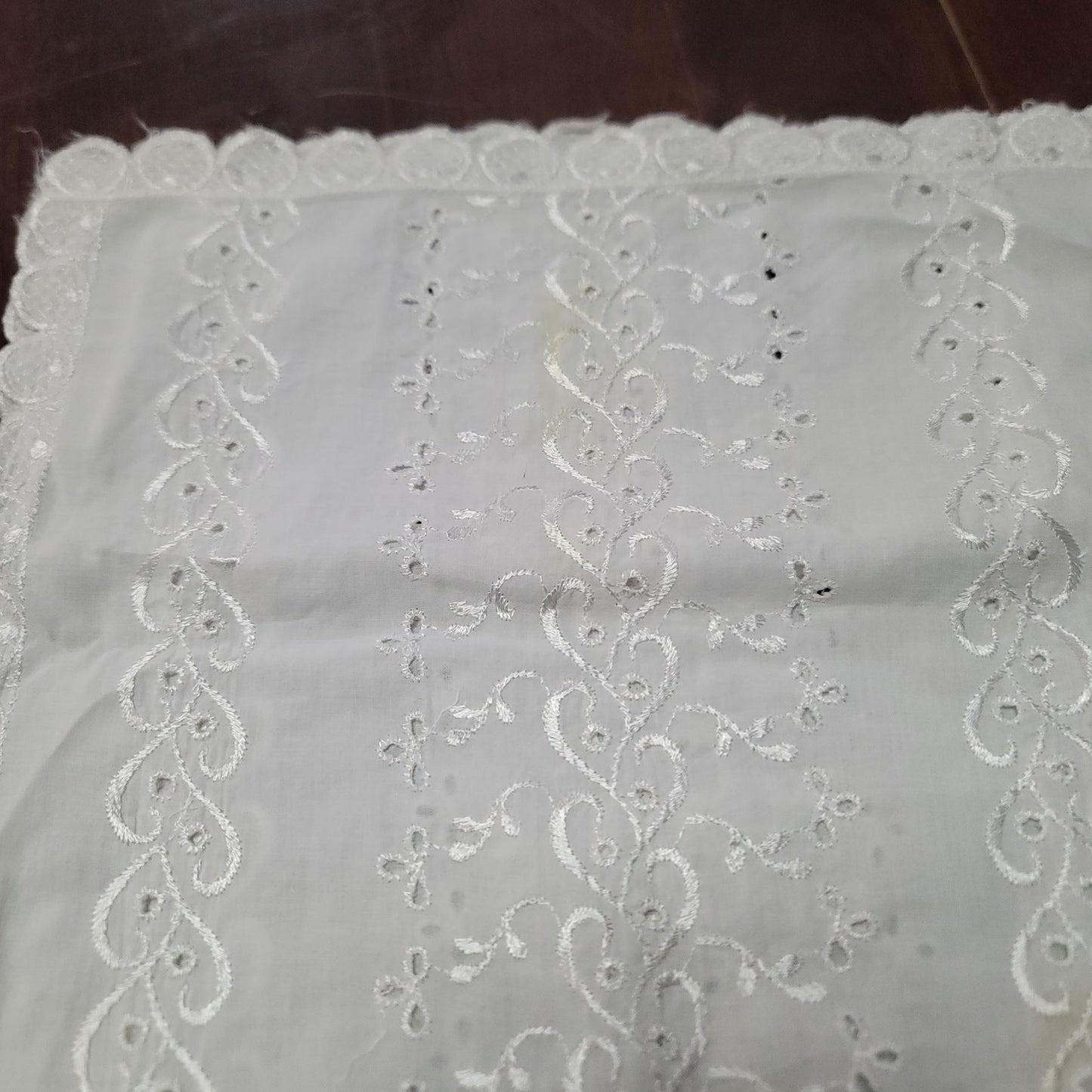 Vintage eyelet white table runner 44" x 13" lace cotton scallop edge