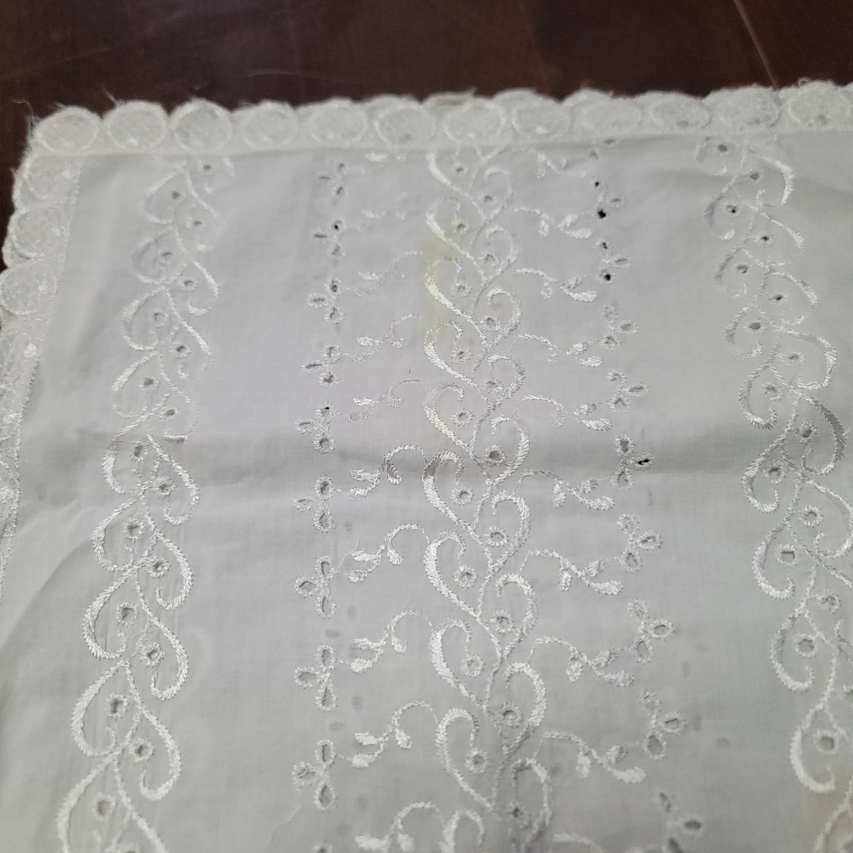 Vintage eyelet white table runner 44" x 13" lace cotton scallop edge