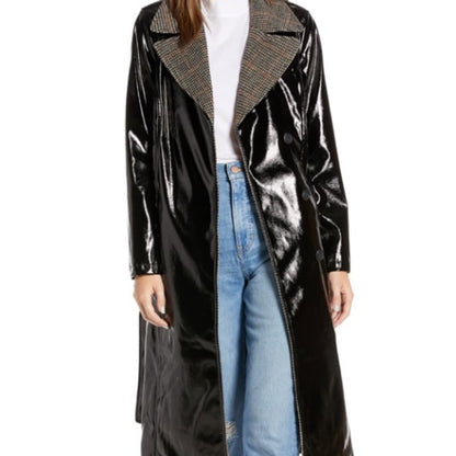 Something Navy Gloss Trench Coat Belted Black Size Medium goth matrix Jacket NEW