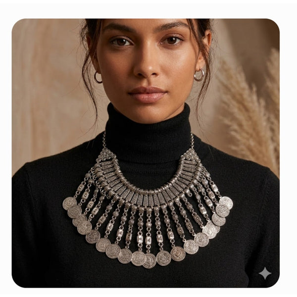 Vintage Ethnic Boho Jewelry SilverTone Metal Patina Coin Chandelier Necklace