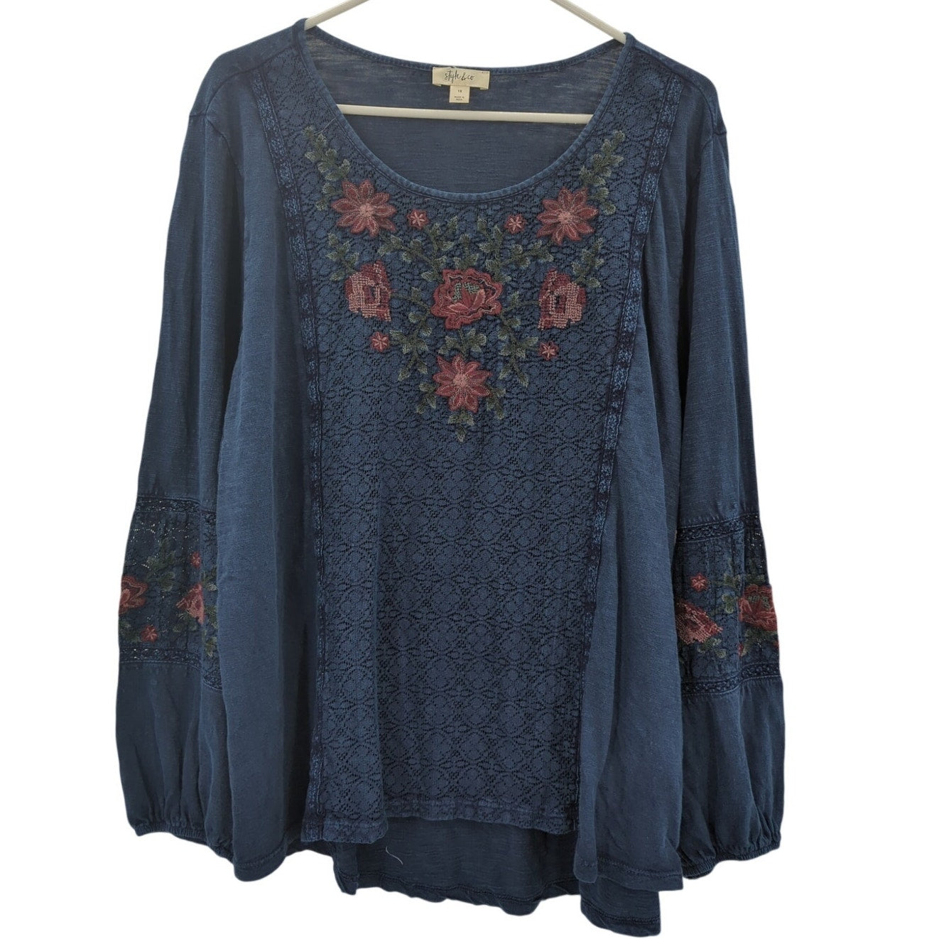 Style & Co Blue Embroidery Boho Blouse Size 1X