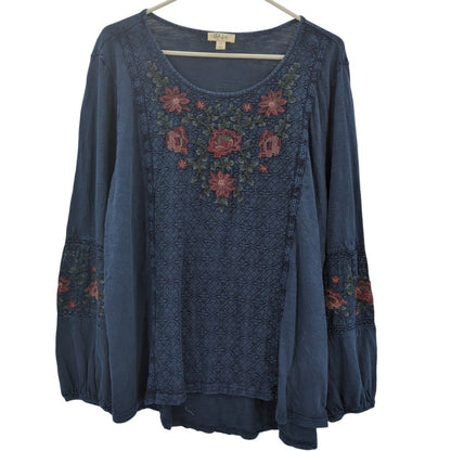 Style & Co Blue Embroidery Boho Blouse Size 1X