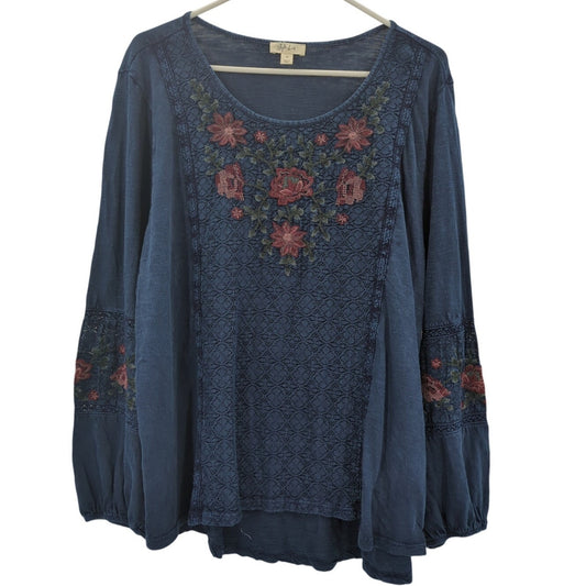 Style & Co Blue Embroidery Boho Blouse Size 1X