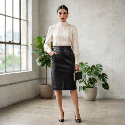 VINTAGE Carlop Piel Original Spain M/L Long black leather pencil Midi GOTH ROCK