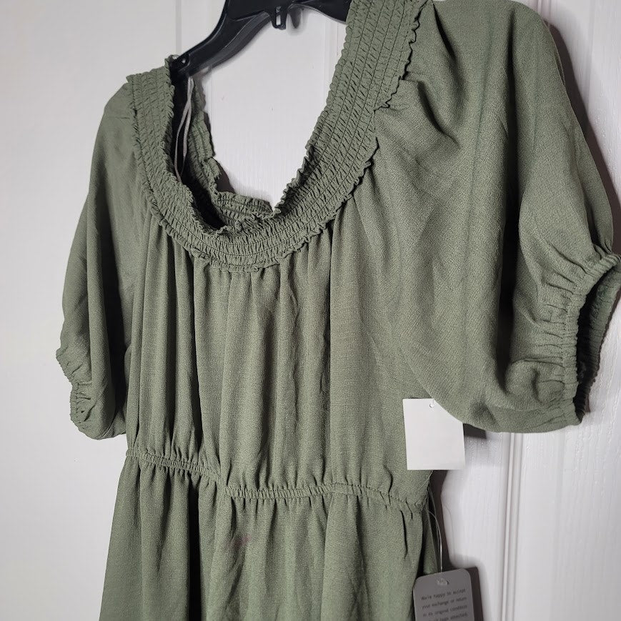 NEW Superfoxx Size Large Sage Green Midi Peasant Dress Off Shoulder Short Sleeve