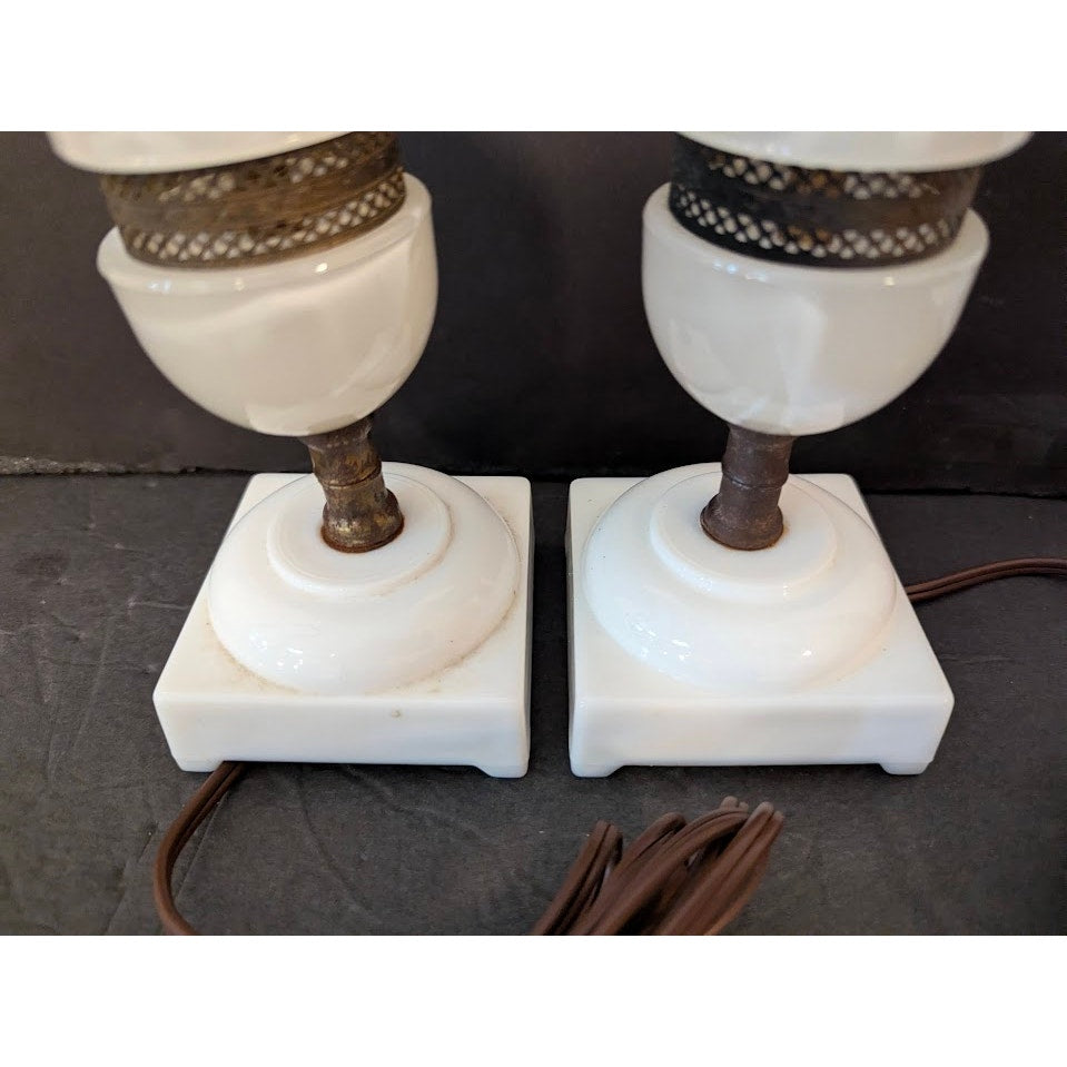 Vintage Italian Alabaster Marble Table Lamps Carved Stone Urn Base Set of 2