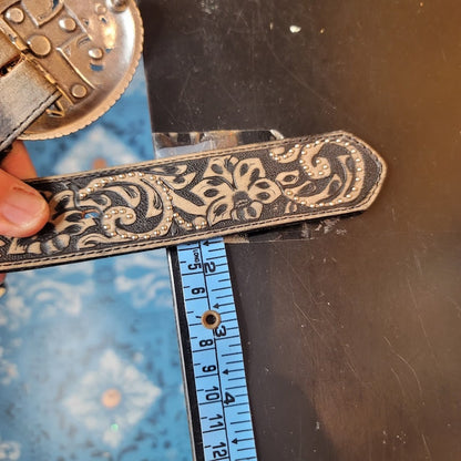 Western Justin Boots 34 Brown Leather Belt Silver Buckle w/ Rhinestone Cross