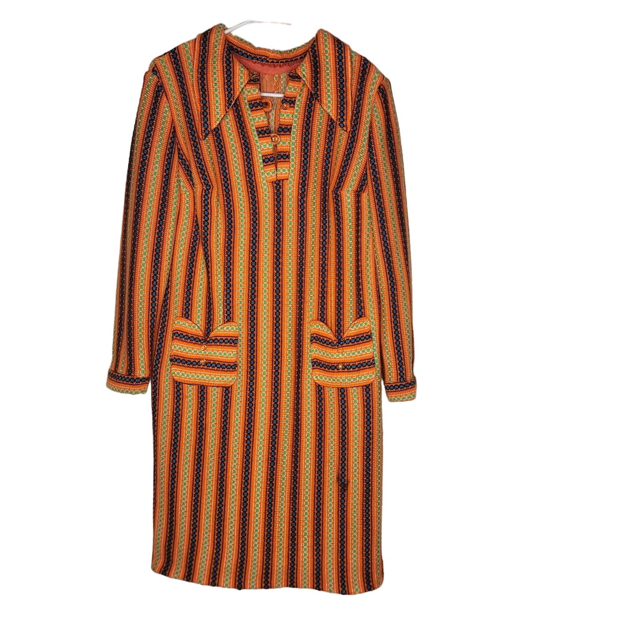 Vintage Womens Medium Knit Mini Dress Long Sleeve Orange brown Wide collar