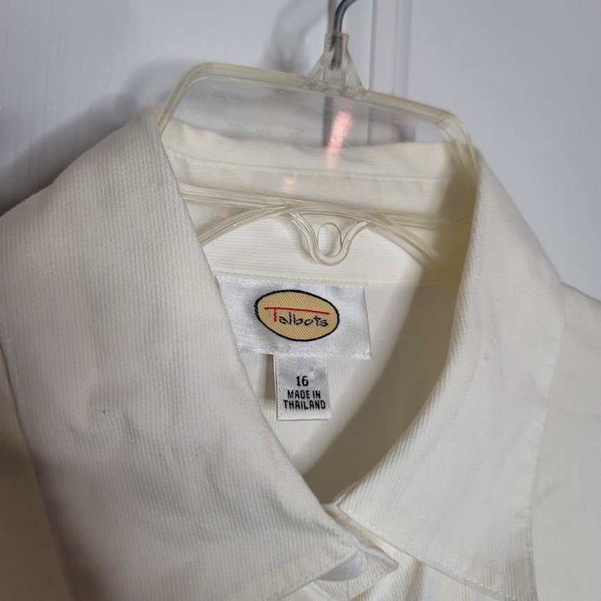Talbots Large Buttons 16 White Ribbed Blouse Long Sleeve Cotton Blouse Top