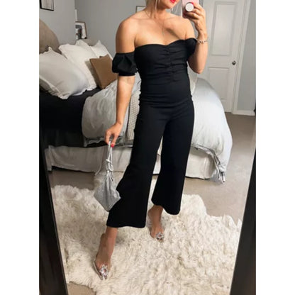 Lulus Impress Release Black Off-the-Shoulder Puff Sleeve Jumpsuit Black Small