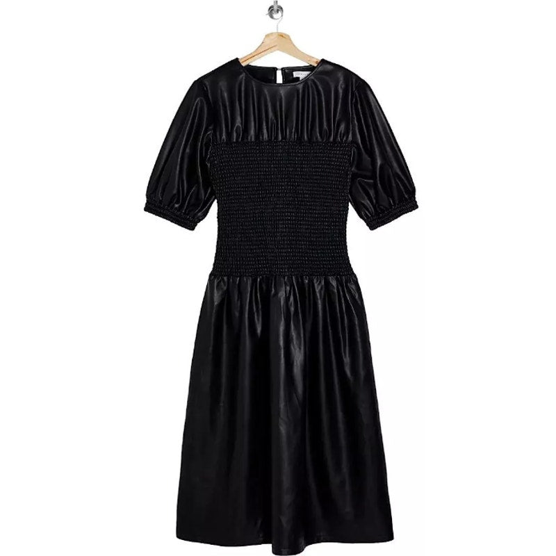 Topshop Smocked Faux Leather Puff Sleeve Midi Dress Black Size 10 NEW