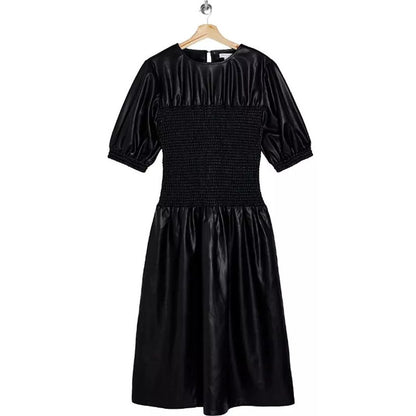 Topshop Smocked Faux Leather Puff Sleeve Midi Dress Black Size 10 NEW