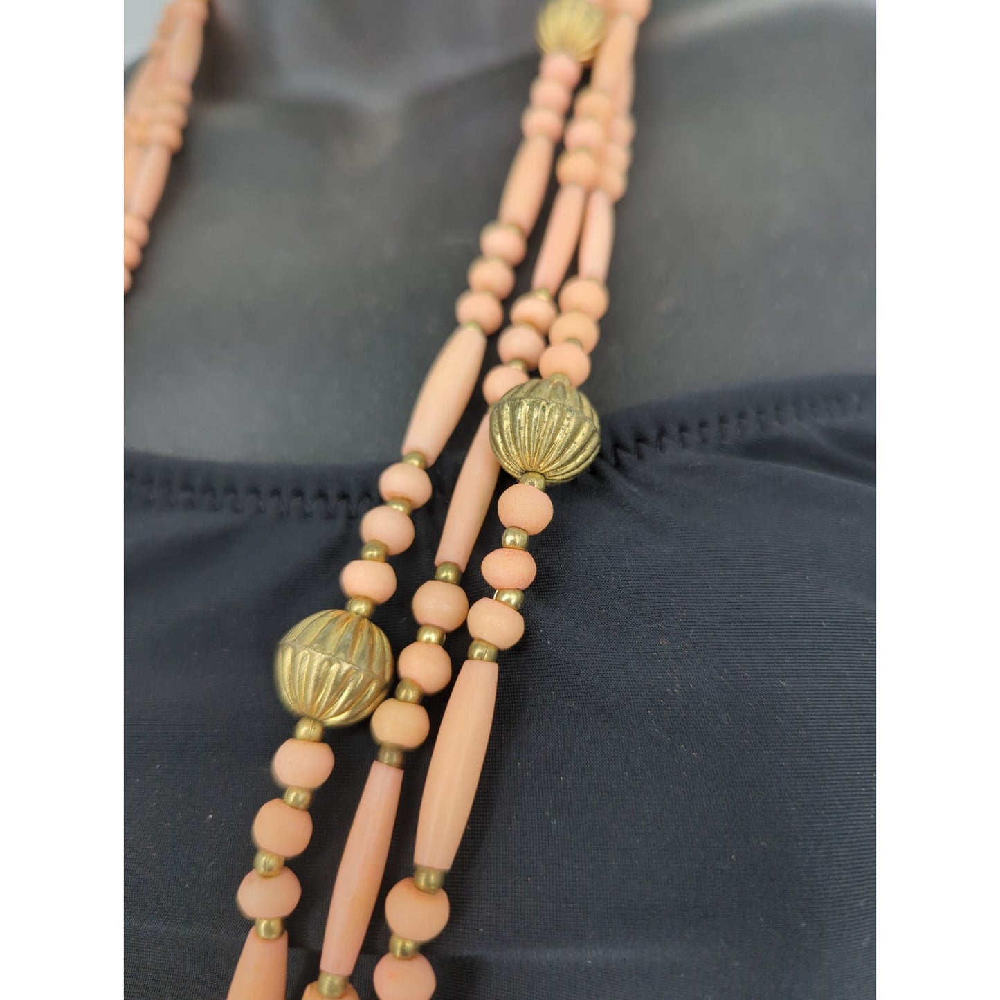 Vintage Multi Strand Peach & Gold Bead Necklace Mid-Century Boho Chic
