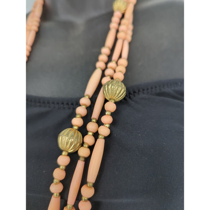 Vintage Multi Strand Peach & Gold Bead Necklace Mid-Century Boho Chic