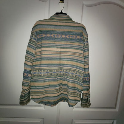 Lucky Brand Men's Green Tan Patterned Shirt Jacket Aztec Button Down LARGE heavy