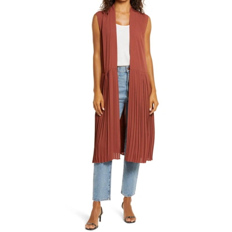 CHELSEA28 Pleated Sleeveless Long Jacket In Brown Henna Size Med/Large Duster