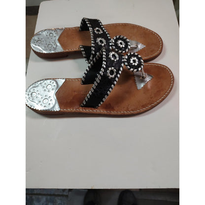 Stephen Bonanno 10M Palm Beach Silver Black Medallion Leather sandal Summer Flat