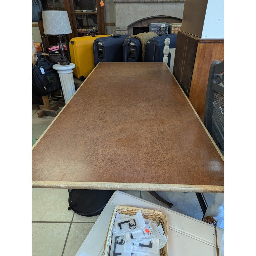 SECONDHAND SANDIES: Double cast iron pedestal Table desk solid red/white oak top 7' x 3'
