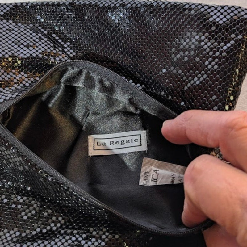 Vintage La Regale Black Metal Mesh Folding Envelope Clutch Zipper Tab Missing