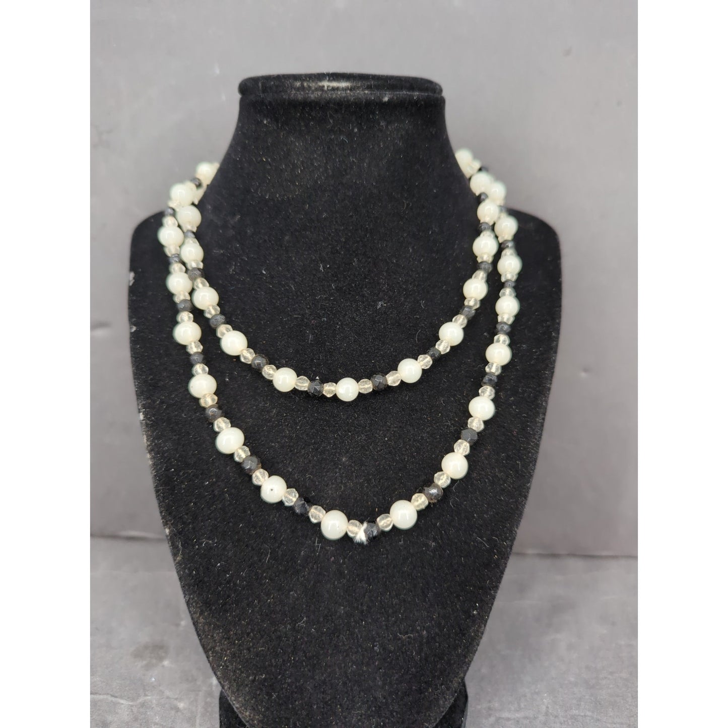 Vintage Double Strand Faux Pearl & Bead Layered Necklace Mid-Century Elegance