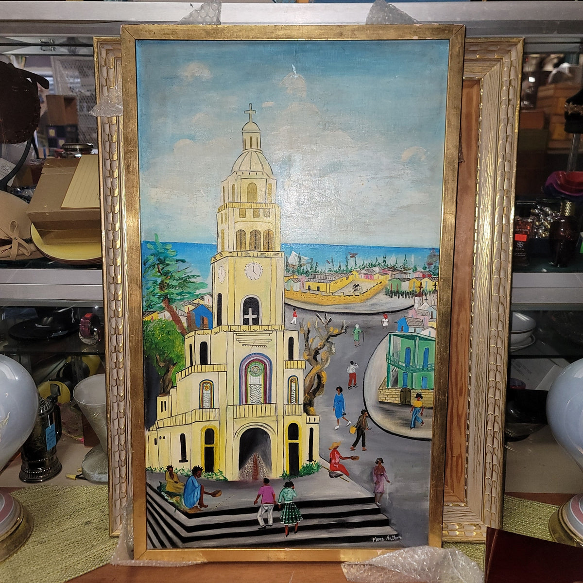 Marc Arthur Mentor Daily Life Oil Board framed 19" x 36" Folk Art Afro-Haitian