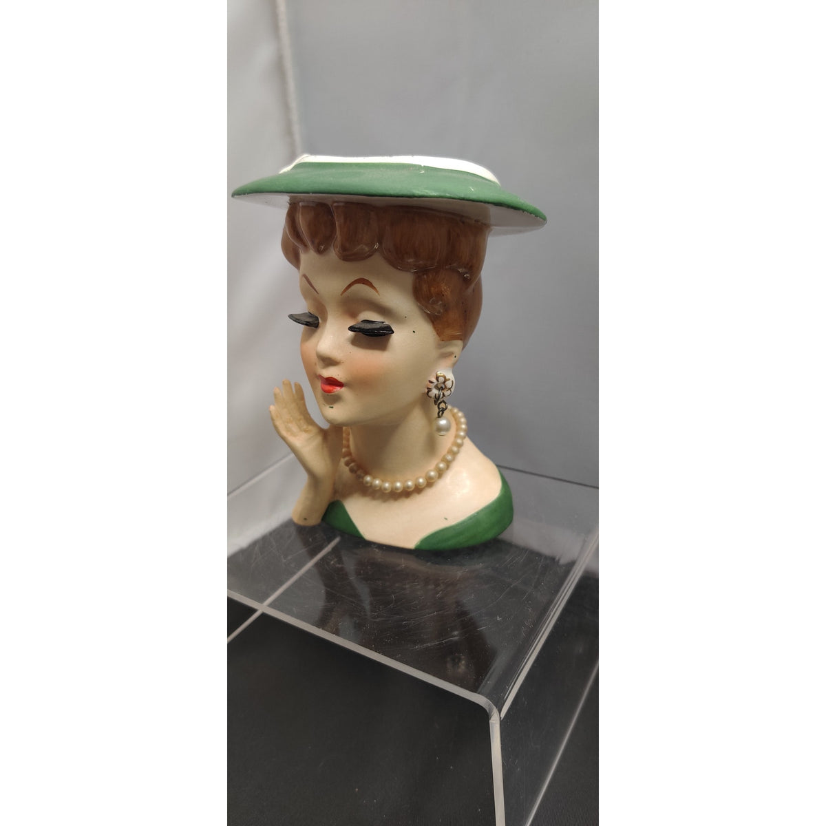 Vintage 1950s Redhead Lady Head Vase Planter Green Hat Collectible Kitsch