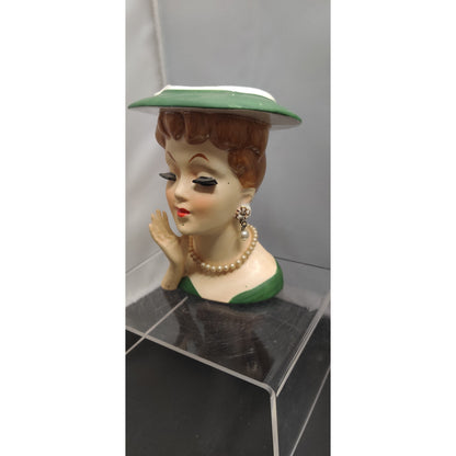 Vintage 1950s Redhead Lady Head Vase Planter Green Hat Collectible Kitsch