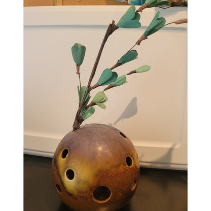 Vintage Ikebana vase orb sphere Ceramic brown glaze Approx. 7" Art Pottery
