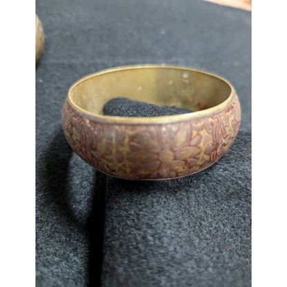 Set of 3 Brass Vintage Bracelets hammered two tone metal etched mixed styles
