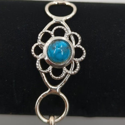Vintage Fashion BRACELET Silver Tone faux Turquoise Center Wire flower motif