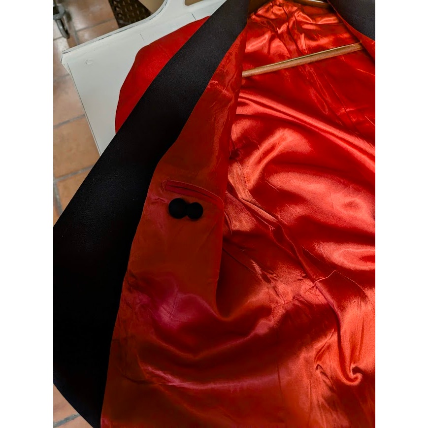 Custom Made Red Smoking Jacket Black Piping Lapel Mens XL Shoulder Pads