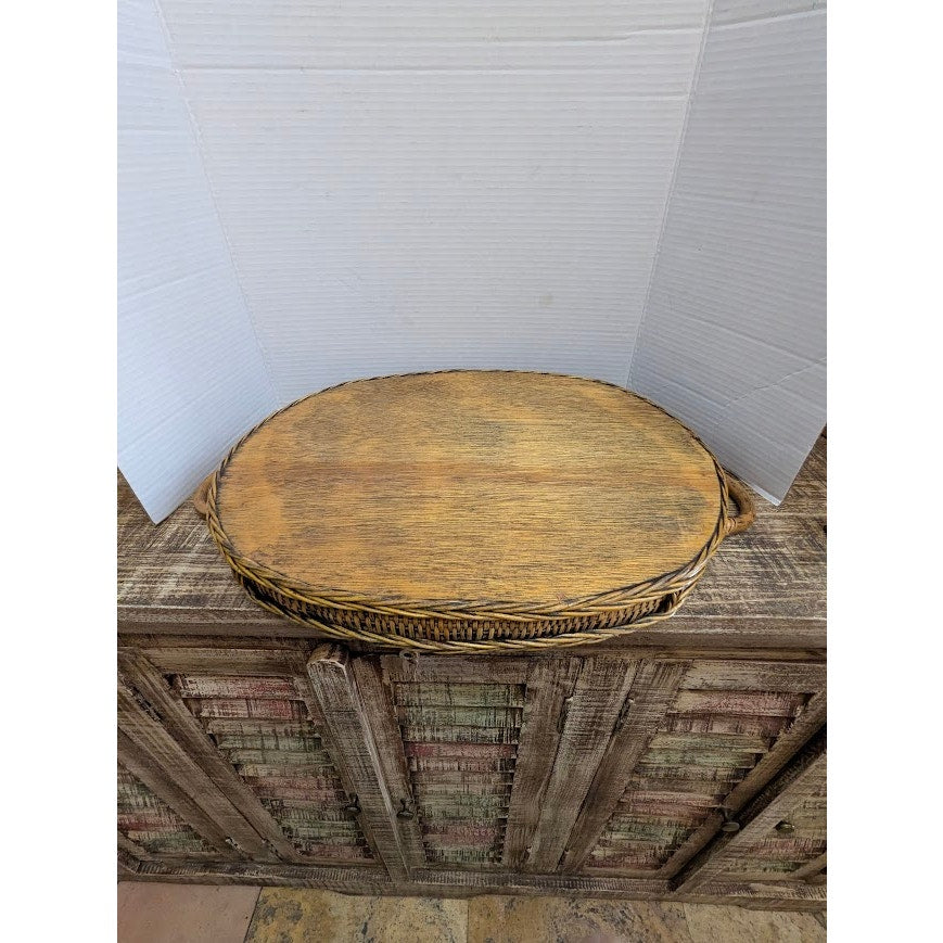 Vintage Rattan and Wicker Oval Serving Tray with Woven Trim and Handles