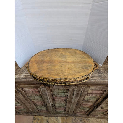 Vintage Rattan and Wicker Oval Serving Tray with Woven Trim and Handles