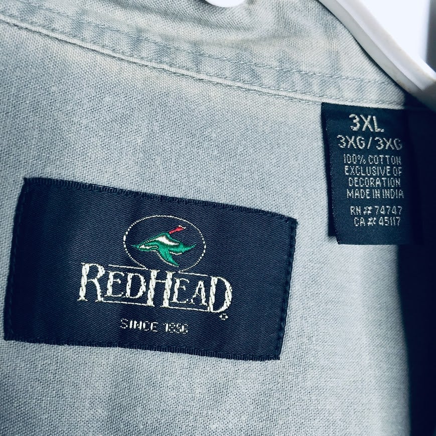 Red Head Button Down Shirt Short Sleeve BIG TALL Size 3XL Fish Logo Khaki Sage