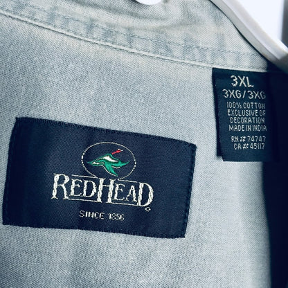 Red Head Button Down Shirt Short Sleeve BIG TALL Size 3XL Fish Logo Khaki Sage