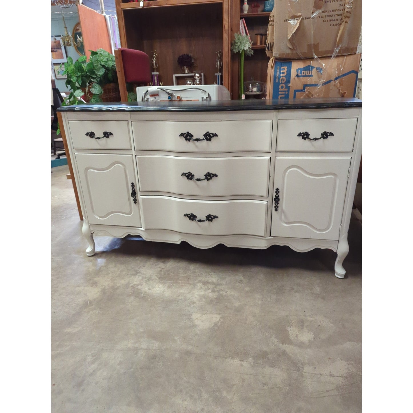 SECONDHAND SANDIES: French provincial white ebony top TV stand dresser credenza buffet