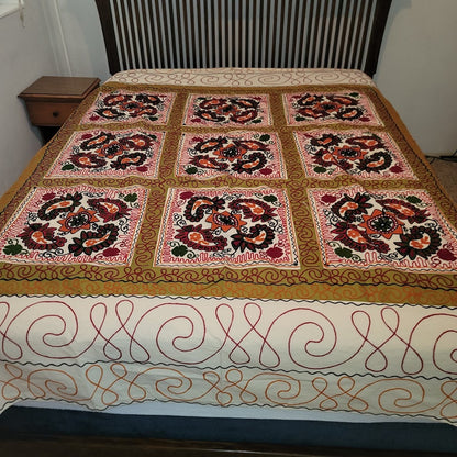 Paisley Orange Green Cream Queen/Full Embroidered coverlet blanket 2 pillow sham
