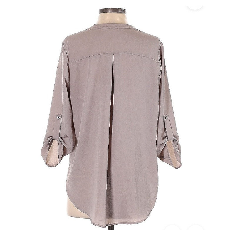 NEW Lush Faux Wrap Blouse Sheer Roll Tab Sleeve V-Neck Round Hem Size XS top