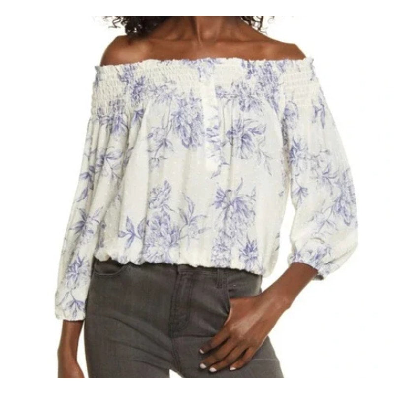 Socialite ivory blue floral off shoulder long sleeve blouse size LARGE NWT