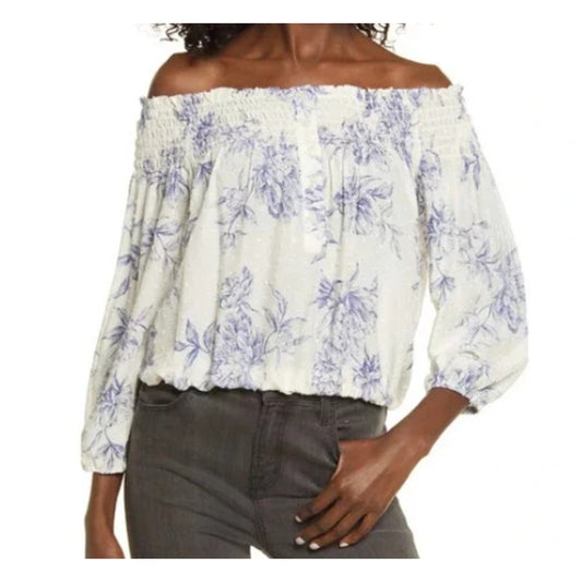 Socialite ivory blue floral off shoulder long sleeve blouse size LARGE NWT