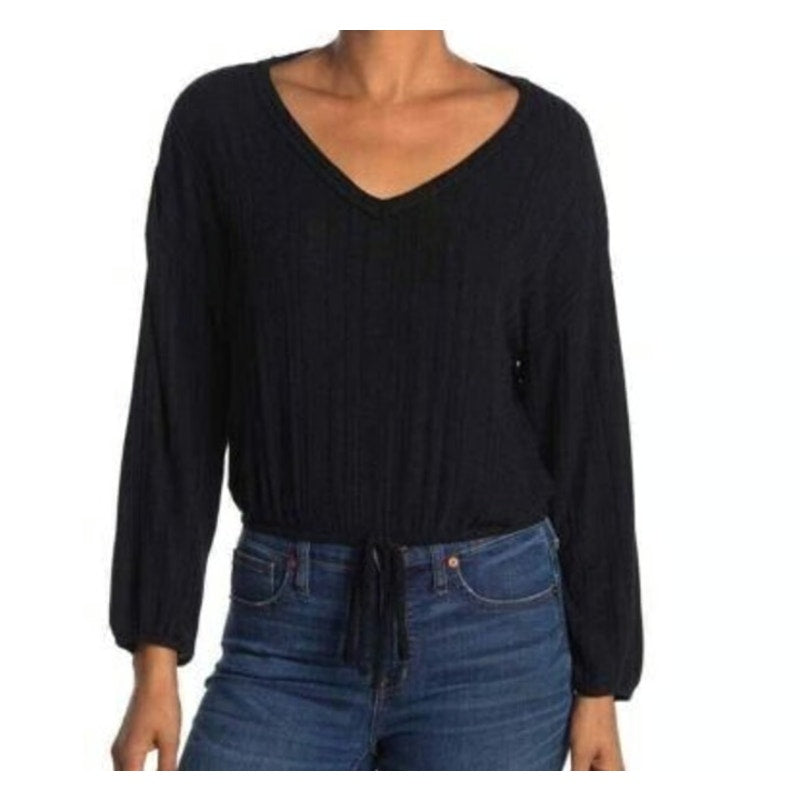 White Willow Women's Long Sleeve Ribbed Drawstring Hem Top gray large Retail $78