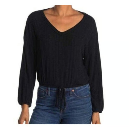 White Willow Women's Long Sleeve Ribbed Drawstring Hem Top gray large Retail $78