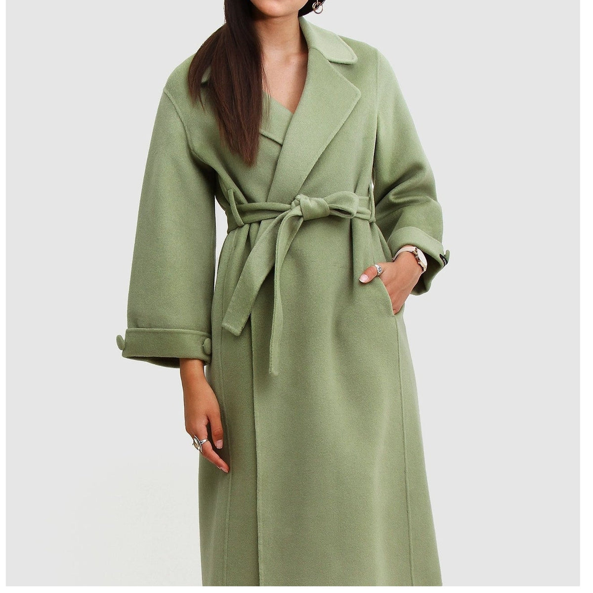 Belle & Bloom Stay Wild Oversized Wool Coat Belt Waist Solid Green Size Large