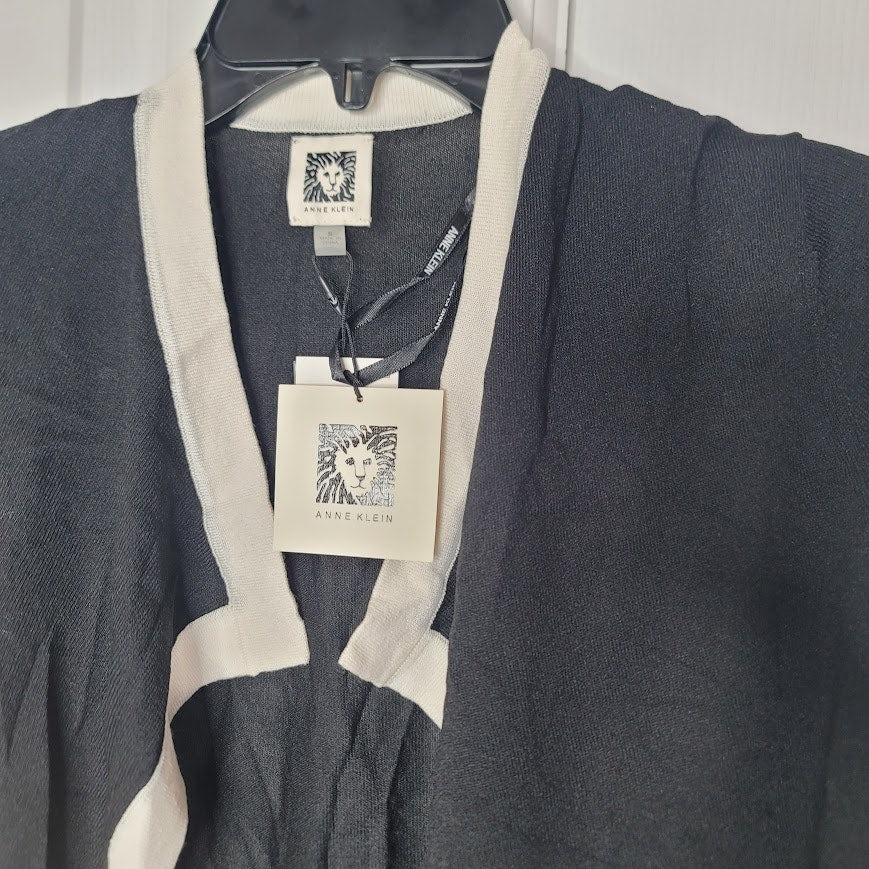 Anne Klein Angled Cardigan Lightweight Black White Trim NEW $109 Womens SMALL